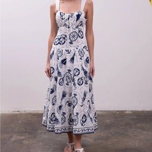 Moon River White and Blue Nautical Maxi Dress